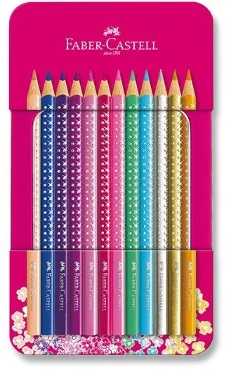 Pastelky FABER-CASTELL Sparkle v dizajnovej plechovej dóze, 12 farieb