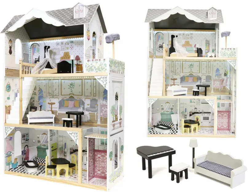 Domček pre bábiky Drevený domček pre bábiky + nábytok 122 cm XXL LED
