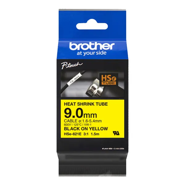 Brother originálna páska do tlačiarne štítkov, Brother, HSE-621E, čierna tlač/žltý podklad, 1.5m, 9mm