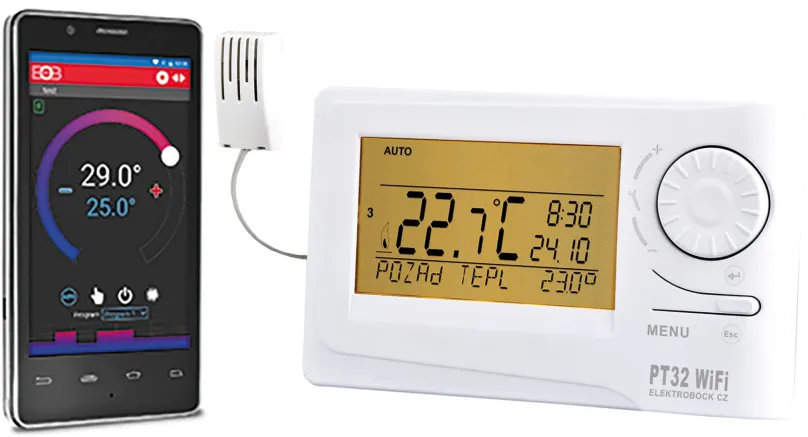 Chytrý termostat Elektrobock PT32 WIFI, drôtový-230V, digitálny, napájanie batériami 2x AA