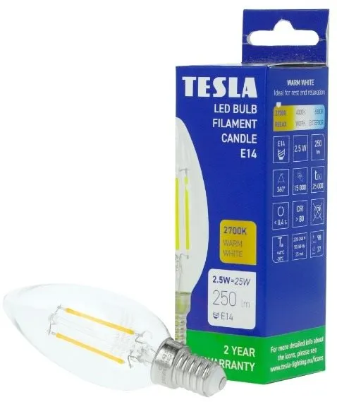 LED žiarovka Tesla LED žiarovka sviečka E14 2,5W Filament