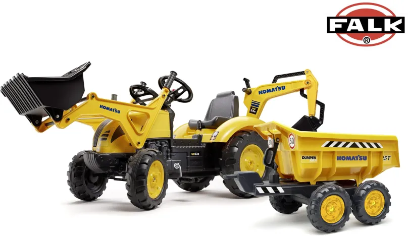 Šliapací traktor Falk Šliapací traktor 2086W Komatsu s bagrom a Maxi vyklápacím prívesom - žltý