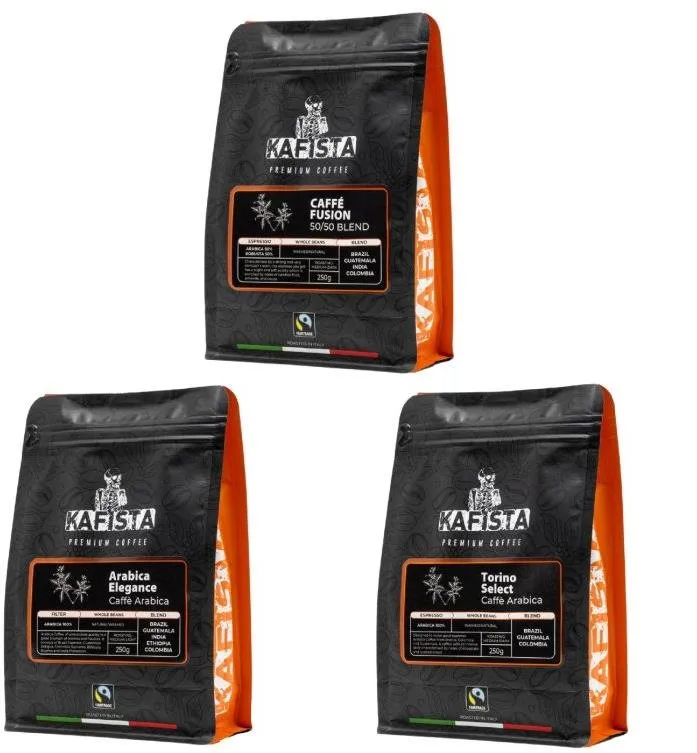 Káva Kafista balíček 3 x 250 g - Kávové zmesi pražené v Taliansku, zrnková káva Fiartrade