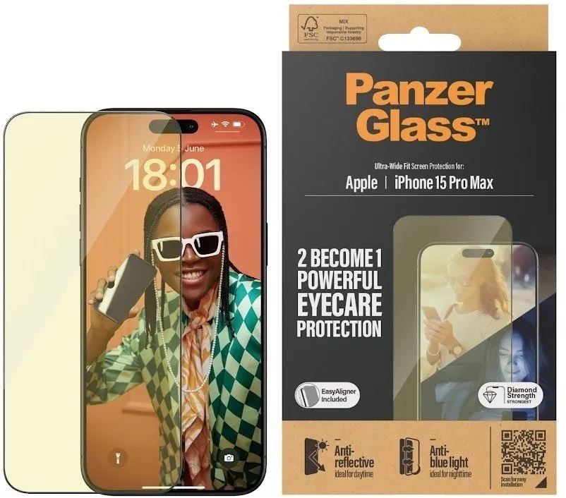 Ochranné sklo PanzerGlass Apple iPhone 15 Pro Max AntiRexný & AntiBlue s inštalačným rámčekom