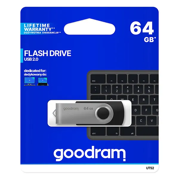 Goodram USB flash disk, USB 2.0, 64GB, UTS2, čierny, UTS2-0640K0R11, USB A, s otočnou krytkou