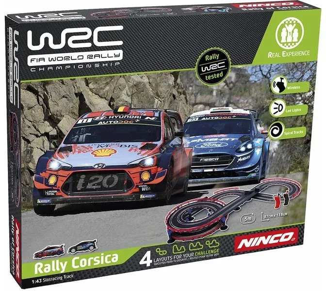 Autodráha WRC Rally Corsica 1:43, svietiaca, mechanická a skladacia, dĺžka trate 500 cm, 2