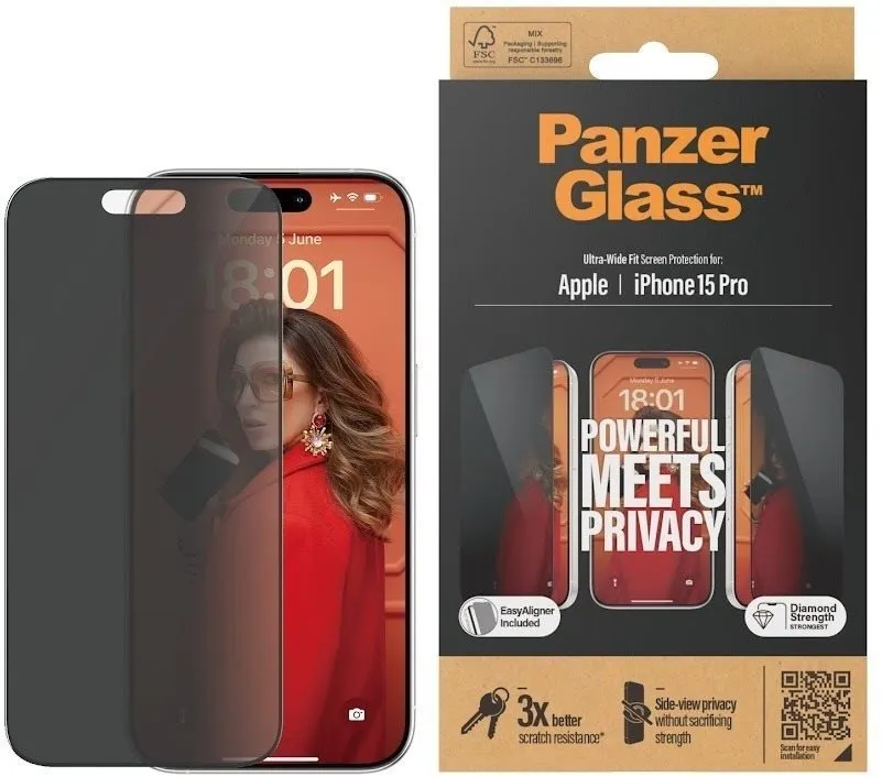 Ochranné sklo PanzerGlass Privacy Apple iPhone 15 Pro s inštalačným rámčekom