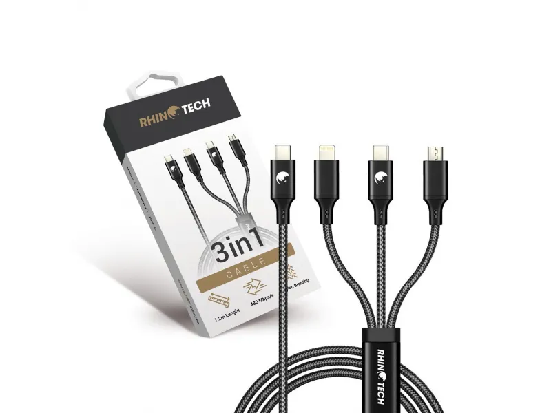 RhinoTech nabíjací a dátový kábel 3v1 USB-C (MicroUSB + Lightning + USB-C) 40W 1,2m čierna