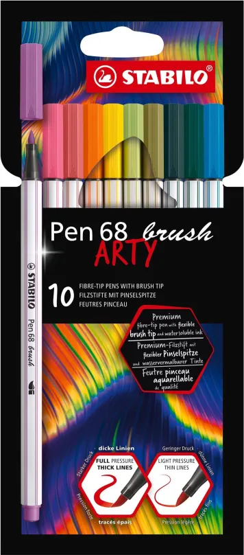 Fixy STABILO Pen 68 brush s flexibilným štetcovým hrotom, púzdro 10 farieb