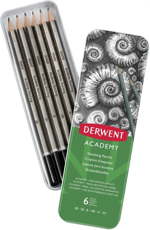 Ceruzka DERWENT Academy Sketching Pencils Tin v plechovej krabičke, šesťhranná - sada 6 tvrdostí