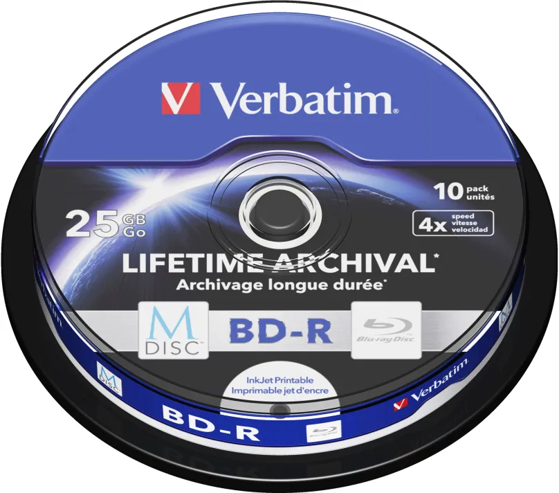 Médiá VERBATIM M-DISC BD-R SL 25GB, 4x, printable, spindle 10 ks, M-DISCBD-R Single Layer,