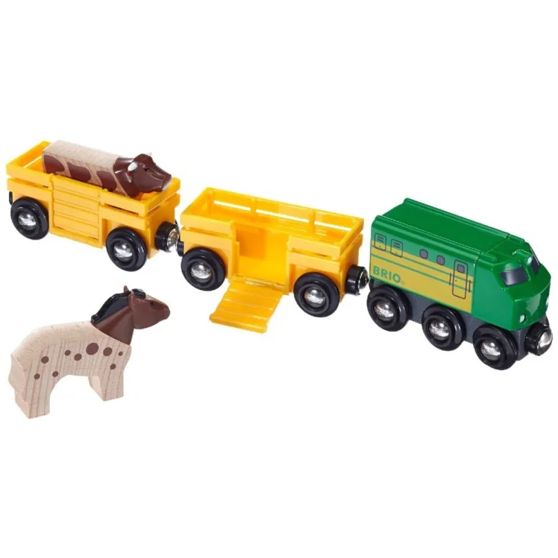 BRIO 33404 Poľnohospodársky vlak s 2 vagónikmi, kravou a koňom