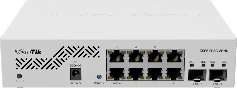 Switch Mikrotik CSS610-8G-2S+IN, do čajky, 8x RJ-45, 2x SFP+, PoE (Power over Ethernet) a