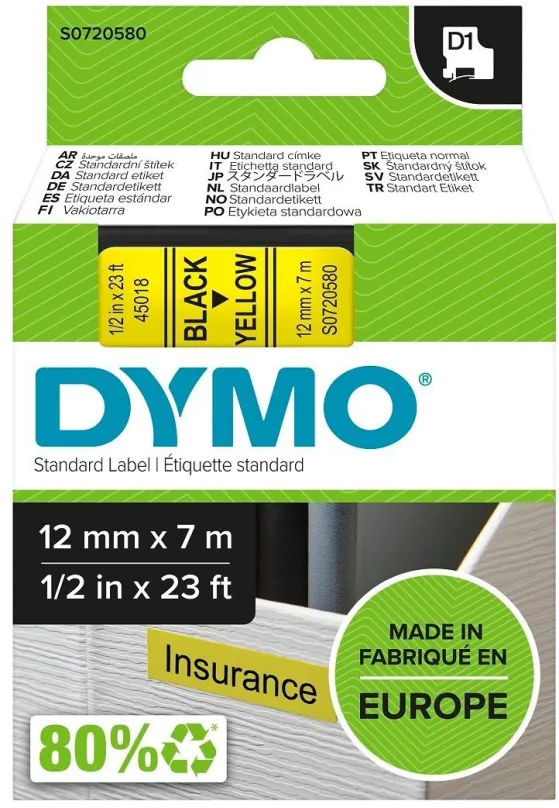 TZ páska Dymo D1, 45018, S0720730, žltá/čierna, 12mm