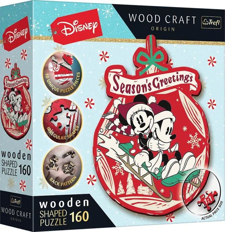Drevené puzzle Trefl Wood Craft Origin puzzle Vianočné dobrodružstvo Mickeyho a Minnie 160 dielikov