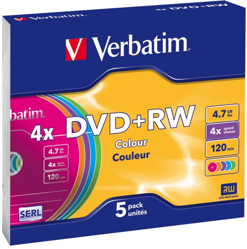 Médiá VERBATIM DVD+RW SERL 4,7 GB, 4x, farba, slim case 5 ks