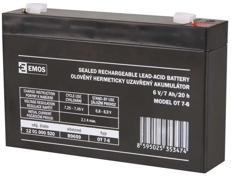 Batéria pre záložné zdroje EMOS Bezúdržbový olovený akumulátor 6 V/7 Ah, fastón 4,7 mm