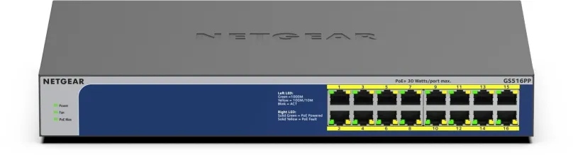 Switch Netgear GS516PP, desktop, 16x RJ-45, PoE (Power over Ethernet), prenosová rýchlosť