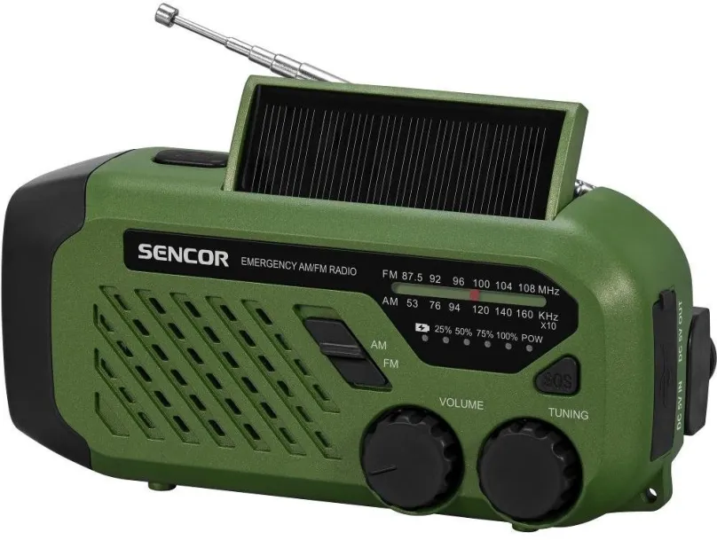 Rádio Sencor SRD 1000SCL GR, klasické, prenosné, FM tuner, výkon 1 W, SOS tlačidlo a sviet