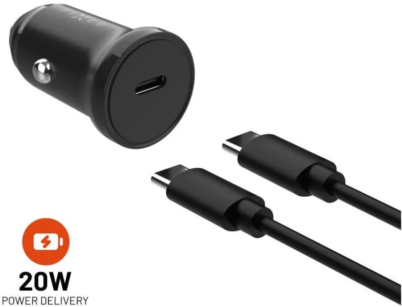 Nabíjačka do auta FIXED Car s USB-C výstupom a USB-C/USB-C káblom podpora PD 1 meter 20W čierna