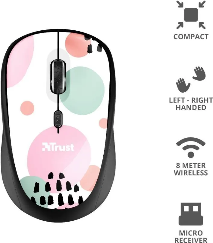 Myš Trust Yvi Wireless Mouse Pink Circles, bezdrôtová, optická, 1600DPI, 4 tlačidlá, bezdr