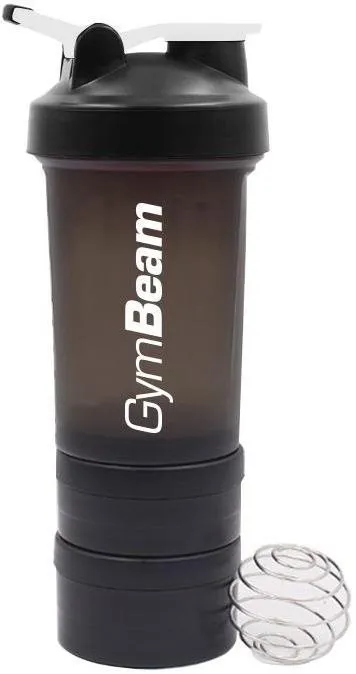 Shaker GymBeam Blend Black Bottle Black 600 ml + zásobník, s objemom 0,6 l, farba: biela a