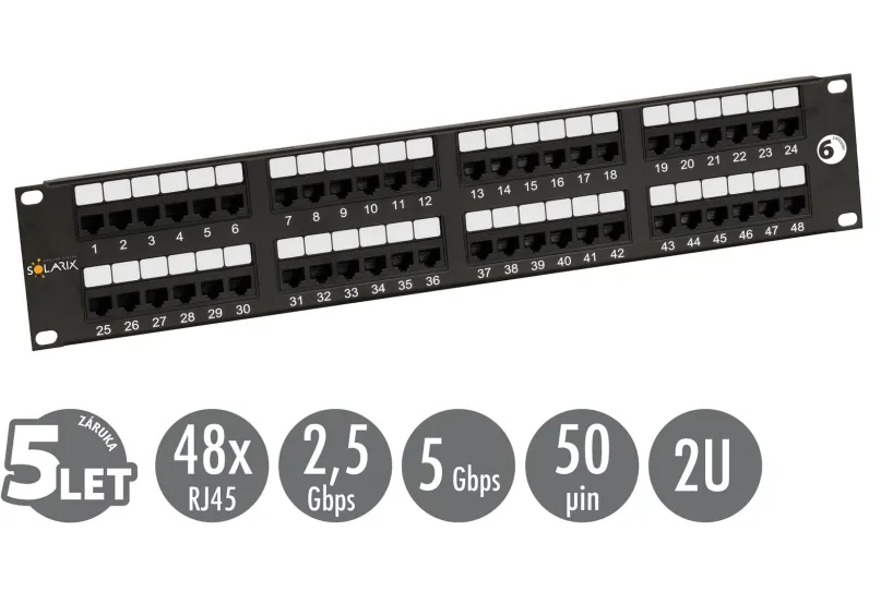 19" Patch panel Solarix 48 x RJ45 CAT6 UTP čierny