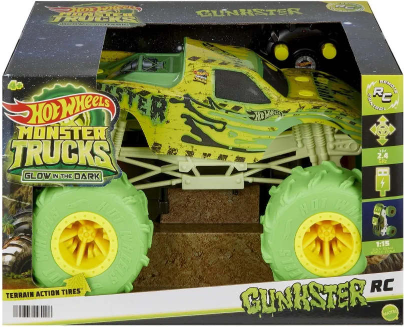 RC auto Hot Wheels RC Monster Trucks Gunkster svietiaci v tme 1:15