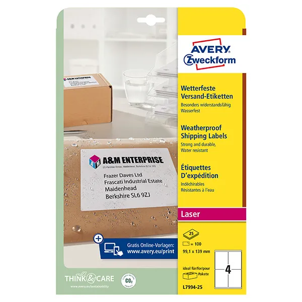 Avery Zweckform etikety 99.1mm x 139mm, A4, biele, 1 etiketa, vodeodolné, balené po 25 ks, L7994-25, pre laserové tlačiarne