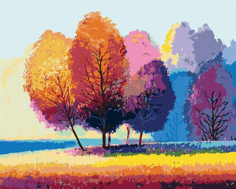 Maľovanie podľa čísel Farebné stromy na okraji lesa, 80x100 cm, bez rámu a bez vypnutia plátna