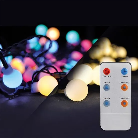 Svetelná reťaz Solight LED 2v1 vonkajšia vianočná reťaz, guľa, diaľkový ovládač, 200LED, RGB+biela, 20m+5m, 8 funkcií,