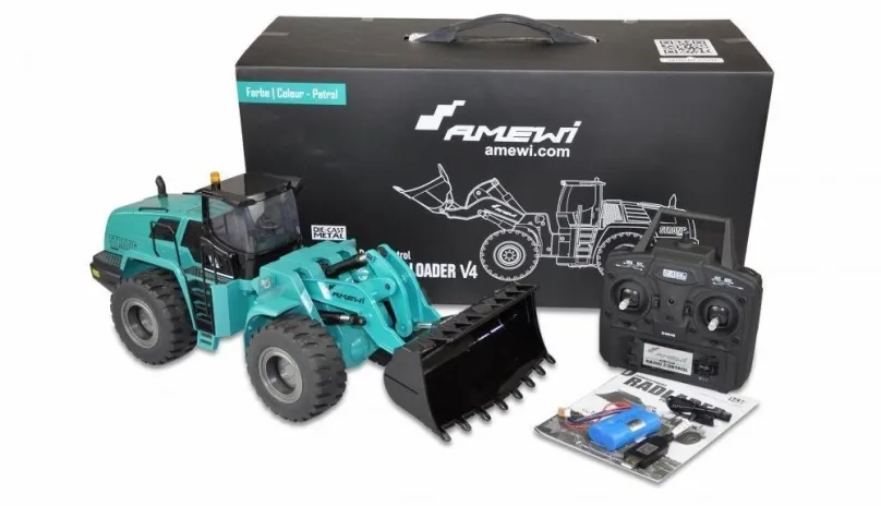 RC auto Amewi Celokovový Profi nakladač G484E SE V2 vylepšený petrolejovo zelený