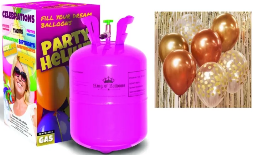 Balóniky s héliom Helium na 20 balónikov a sada latexových balónikov - chrómovaná ružovozlatá / rosegold 7 ks, 30 cm