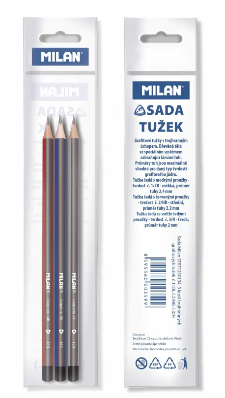 Ceruzka MILAN 2B, HB, H, trojhranná - balenie 3 ks