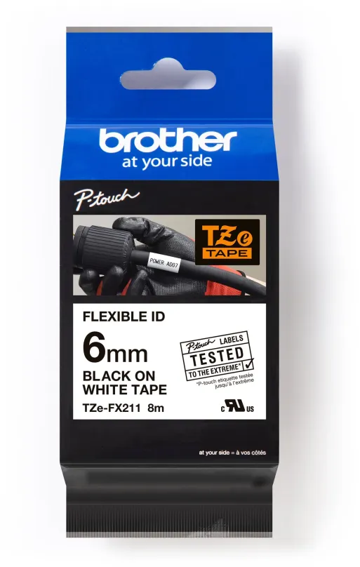 TZ páska Brother TZe-FX211, biela a čierna, 6mmx8m, flexibilná a laminovaná