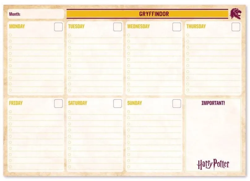 Poznámkový blok Grupo Erik Harry Potter: Gryffindor, stolný týždenný plánovač A4
