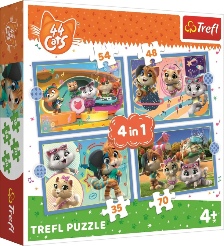 Puzzle Trefl Puzzle 44 mačiek: Mačací tím 4v1 (35,48,54,70 dielikov)