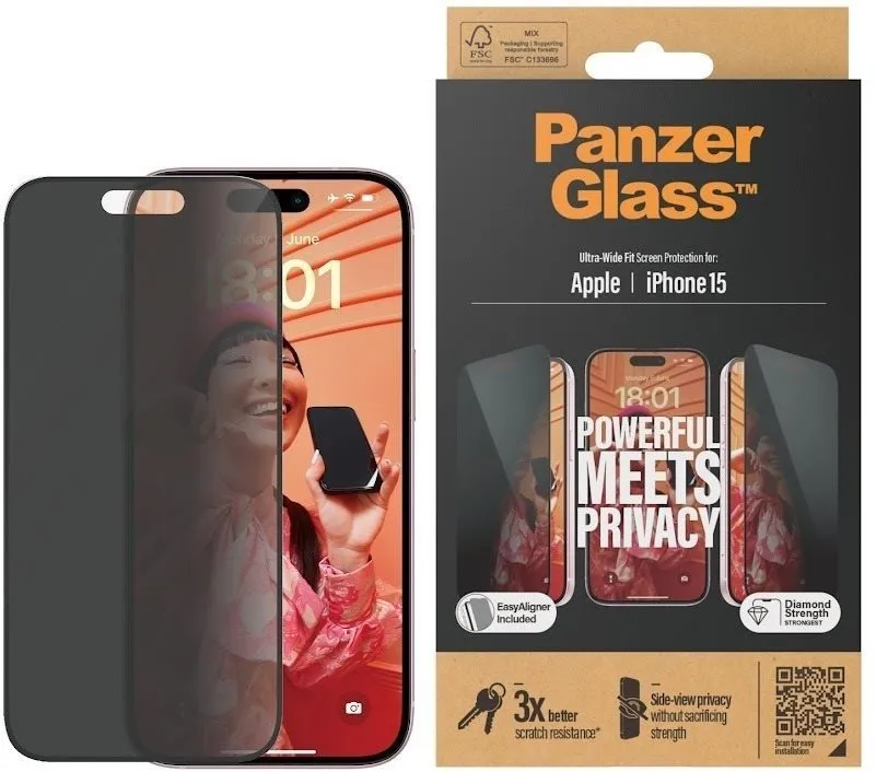 Ochranné sklo PanzerGlass Privacy Apple iPhone 15 s inštalačným rámčekom