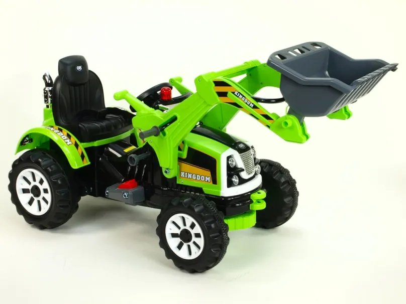 Traktor Kingdom s ovládateľnou nakladacou lyžicou, mohutnými kolesami a konštrukcií, 2x motor 12V, 2x náhon, zelený,