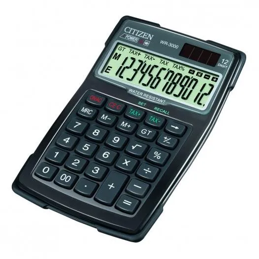 Citizen Kalkulačka WR3000, čierna, stolná s výpočtom DPH, dvanásťmiestna, vodotesná, prachuodolná, automatické vypnutie