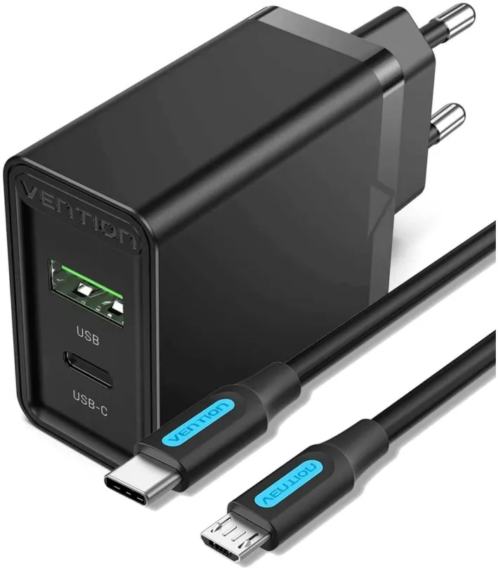 Nabíjačka do siete Set Vention 2-Port USB (A+C) (18W + 20W PD) Black + USB-C 2.0 to Micro USB 2A 1M Black