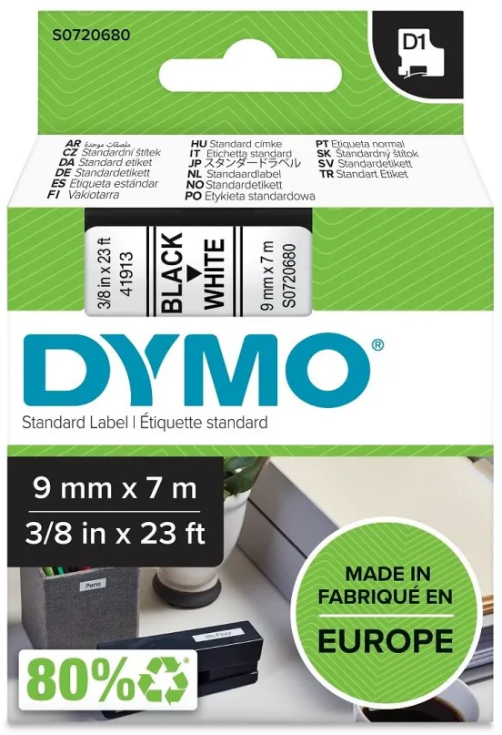 TZ páska Dymo D1, 40913, S0720680, biela/čierna, 9 mm