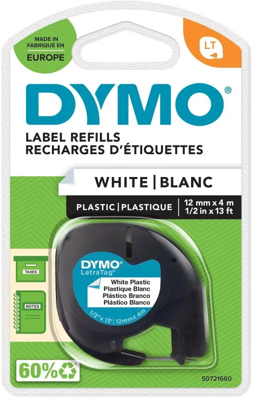 TZ páska Dymo LetraTAG, 91221, S0721660, biela/čierna, 12 mm