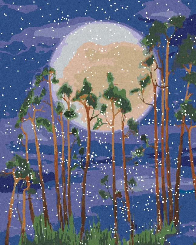Maľovanie podľa čísel Mesiac za stromami v lese, 40x50 cm, bez rámu a bez vypnutia plátna