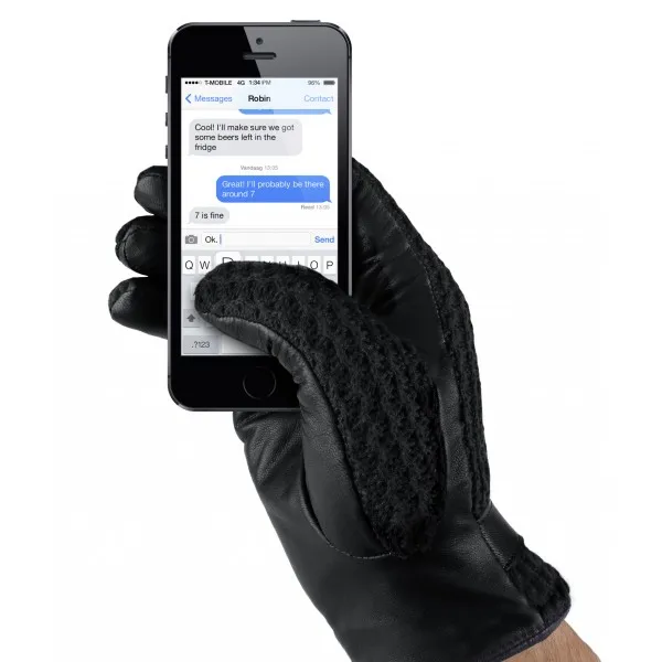 MUJJO Kožené háčkované dotykové rukavice - velikost 9 - černé