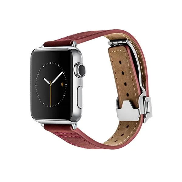 Monowear Red Leather Deployant Band pre Apple Watch - Stainless Steel 42 mm