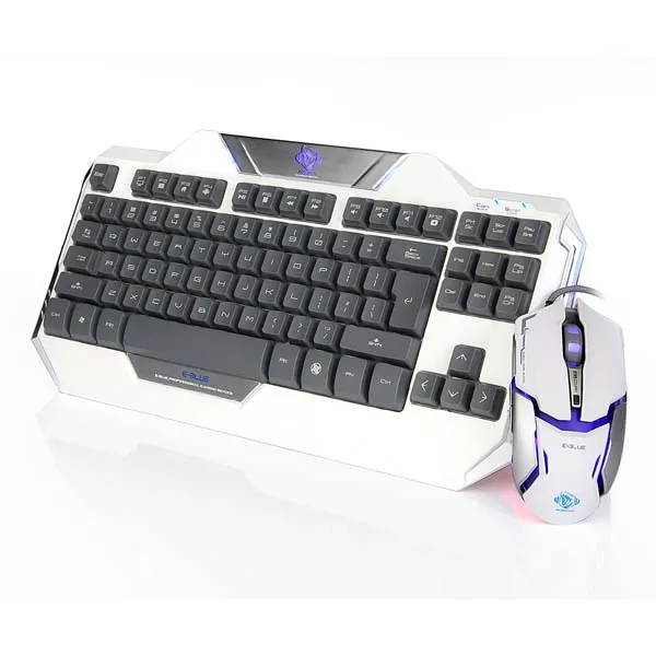 E-blue Auroza, sada klávesnica s optickou hernou myšou, US, herná, drôtová (USB), biela