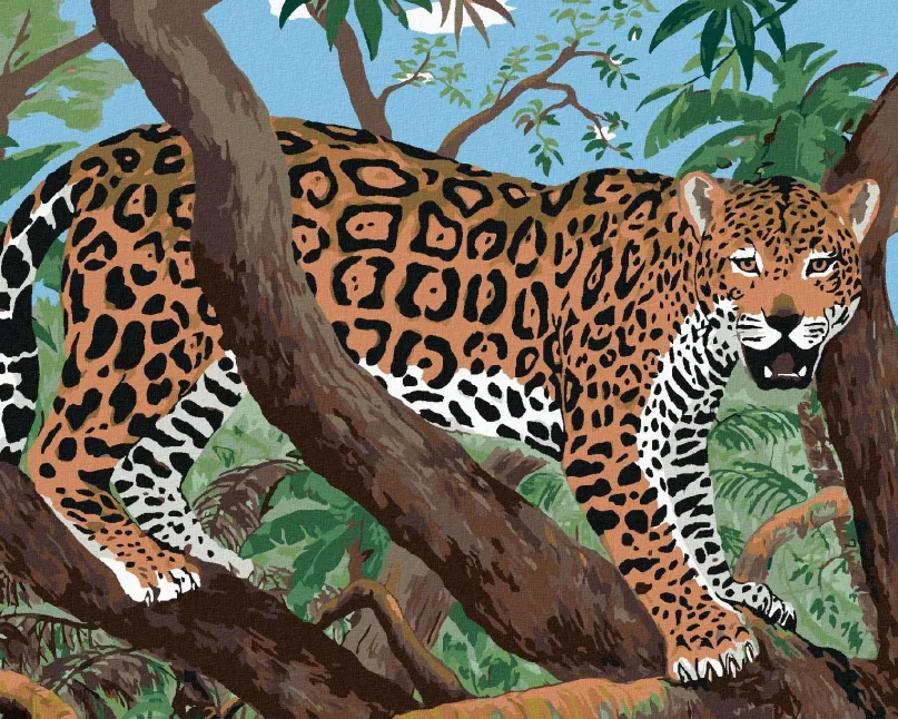 Maľovanie podľa čísel Jaguár na vetve, 40x50 cm, bez rámu a bez vypnutia plátna
