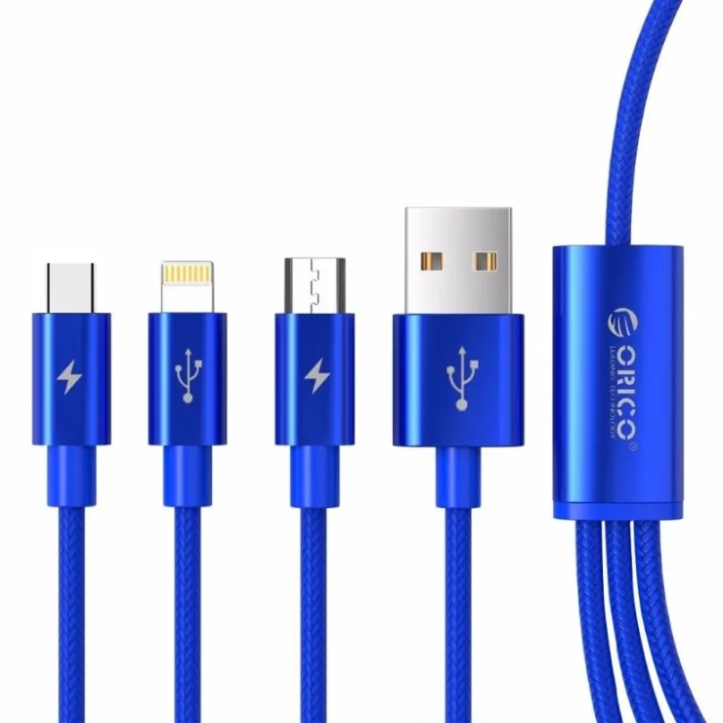 Napájací kábel Orica Nylon 3in1 (USB-C, microUSB, Lightning), 3A, 1.2m