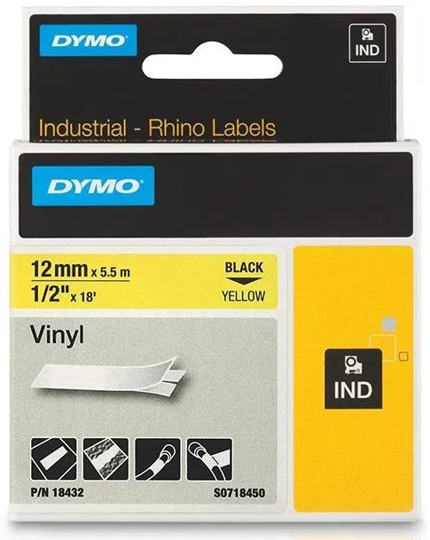 Dymo originálna páska do tlačiarne štítkov, Dymo, 18432, S0718450, čierna tlač/žltý podklad, 5.5m, 12mm, RHINO vinylová profi D1